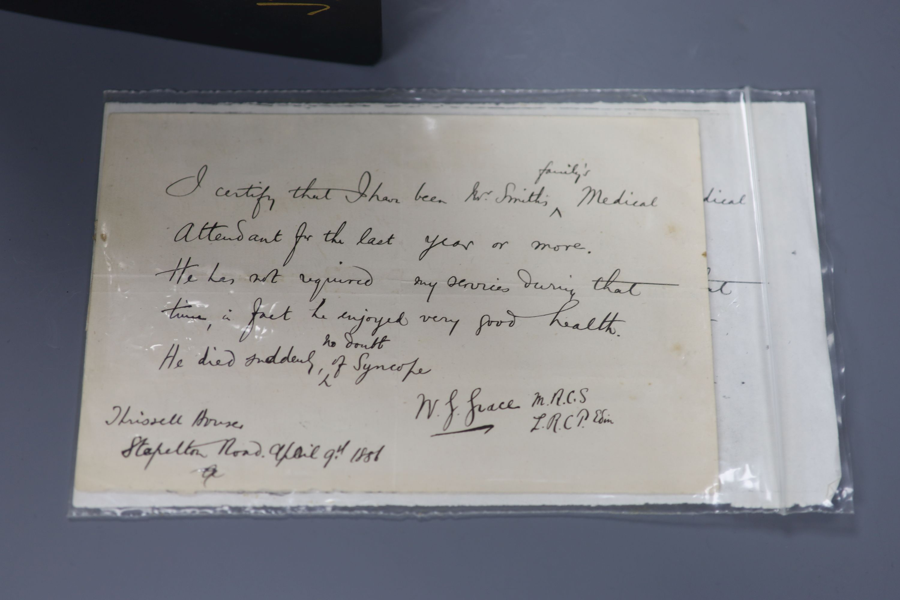 A letter written by W.G. Grace,with a copy of his book, Cricket, 1891